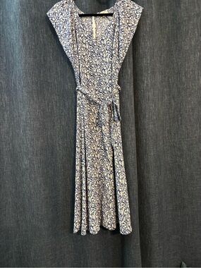 LOFT Blue and White Printed Wrap Midi Dress